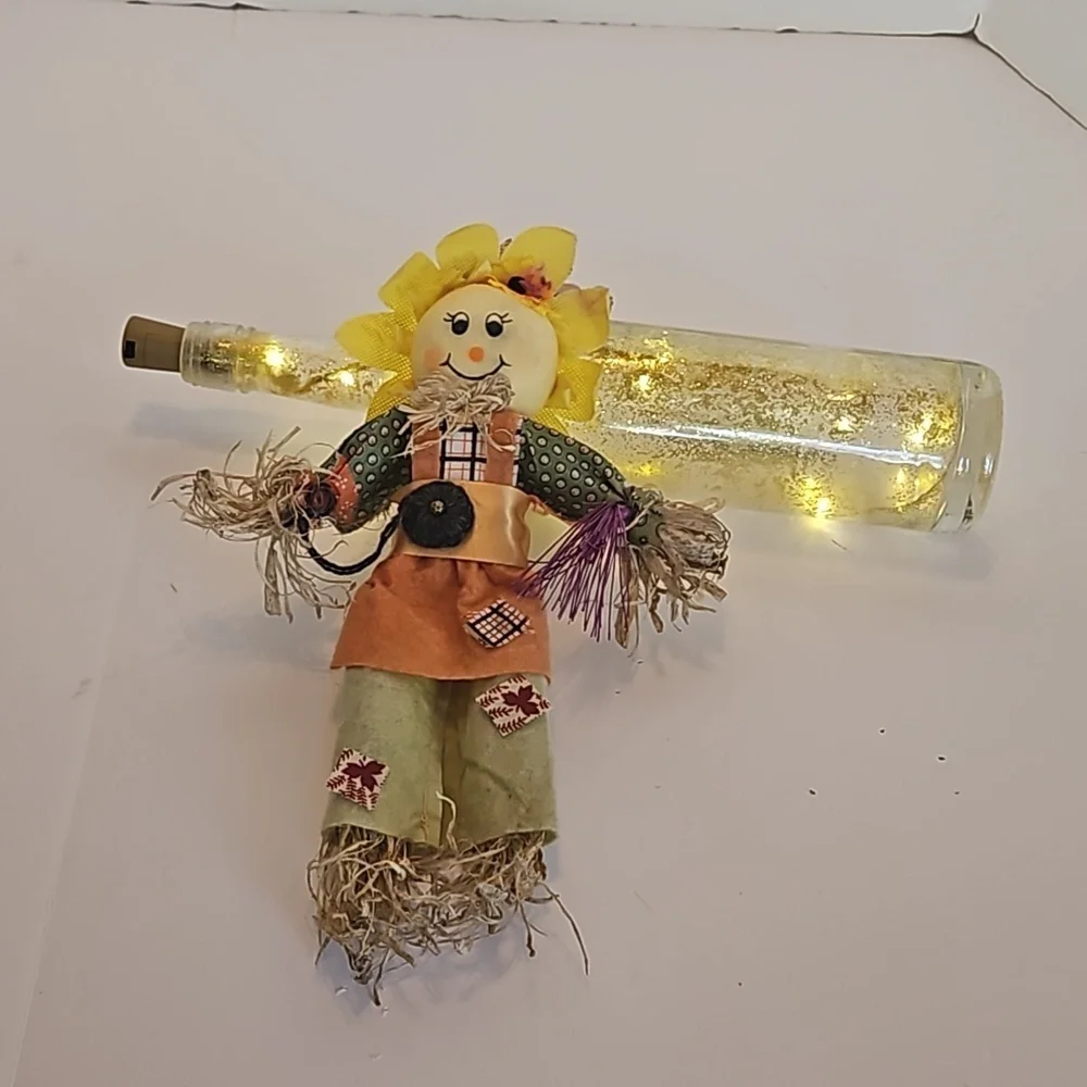 Hand Crafted Upcycled Fall Bottle Art Floral Sunflower Scarecrow Lighgt- up